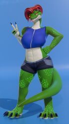  3d_(artwork) absurd_res anthro big_feet bottomwear claws clothing digital_media_(artwork) fangs feet gesture green_body green_scales hair hand_gesture hand_on_hip hi_res long_claws looking_at_viewer pupils red_eyes red_hair reptile rinny scales scalie sharp_teeth shorts slit_pupils snake solo teeth tongue tongue_out trans_(lore) trans_woman_(lore) v_sign 