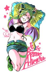  bae_(baebae) belt black_hair breasts double_bun english_text female green_eyes green_hair green_lips hair_bun jojo_no_kimyou_na_bouken kujo_jolyne makeup midriff multicolored_hair navel short_shorts shorts simple_background smile solo stone_ocean two-tone_hair white_background 