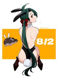  ._. ahoge animal_ears back backless_leotard black_leotard bright_pupils clodsire clothed_pokemon detached_collar ear_piercing earrings fake_animal_ears fake_tail female from_behind genjitsu_o_miro green_hair hair_ribbon high_heels highleg highleg_leotard highres jewelry kneeling leotard long_hair looking_at_viewer looking_back notice_lines piercing playboy_bunny pokemon pokemon_(creature) pokemon_sv ponytail rabbit_ears rabbit_tail red_eyes red_ribbon ribbon rika_(pokemon) smile tail triangle_earrings white_pupils 