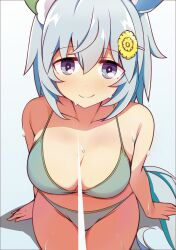  alternate_costume animal_ears bikini blue_eyes blush breasts cleavage closed_mouth commentary_request cowboy_shot ear_covers female grey_hair hair_between_eyes hair_ornament hairclip highres horse_ears horse_girl horse_tail looking_at_viewer medium_breasts seiun_sky_(umamusume) short_hair single_ear_cover sitting smile solo swimsuit tail umamusume wahiko_(black_bastard) white_bikini 