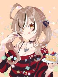  :q ahoge belt berry bird black_choker black_nails black_ribbon black_sweater blueberry breasts brown_eyes brown_hair cake chain_necklace chains choker cleavage confetti emo_fashion food fruit hair_ribbon highres holding holding_food holding_plate hololive hololive_english huge_ahoge jewelry licking_lips looking_at_viewer maaru_(jatjem1vy6nok0o) nanashi_mumei nanashi_mumei_(emo) necklace owl plate red_sweater ribbon spaghetti_strap strawberry_shortcake striped_clothes striped_sweater sweater sweater_partially_tucked_in tongue tongue_out torn_clothes torn_sweater twintails two-tone_sweater upper_body virtual_youtuber yellow_background 