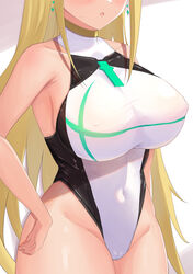  :o absurdres bare_arms black_one-piece_swimsuit blonde_hair blush breast_focus breasts cameltoe commentary_request competition_swimsuit covered_navel covered_nipples diamond_earrings earrings female hand_on_own_hip head_out_of_frame highres jewelry large_breasts long_hair mythra_(xenoblade) one-piece_swimsuit open_mouth shiratamaaji sidelocks simple_background standing sweat swimsuit taut_clothes taut_swimsuit thick_thighs thighs very_long_hair white_one-piece_swimsuit xenoblade_chronicles_(series) xenoblade_chronicles_2 