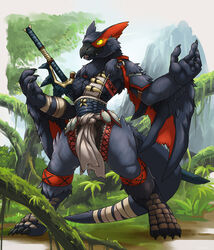  anthro anthrofied avian bandage beak bird black_body black_fur capcom claws clothed clothing detailed_background fangs finger_claws flying_wyvern fur hi_res link2004 male melee_weapon monster_hunter multicolored_body multicolored_fur nargacuga open_mouth partially_clothed red_body red_fur solo sword tail teeth toe_claws tongue two_tone_body two_tone_fur weapon wrapped_tail yellow_eyes 