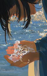  animal black_hair blurry blurry_background chinese_zodiac female fingernails liquid long_hair long_sleeves looking_at_hands ocean original purple_eyes solo tiger transparent water wide_sleeves ye_(ran_chiiipye) year_of_the_tiger 