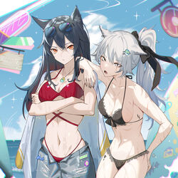  2girls absurdres alternate_costume alternate_hairstyle animal_ear_fluff animal_ears arknights arm_on_another&#039;s_shoulder arm_up bare_arms bare_shoulders bikini black_bikini black_bow blue_sky bow breasts cleavage closed_mouth cowboy_shot crossed_arms day eyewear_on_head frilled_bikini frills grey_hair hair_ornament hairbow hairclip hand_on_own_hip highres horizon jewelry krin_(krinnin) lappland_(arknights) long_hair looking_at_viewer material_growth medium_breasts multiple_girls necklace ocean oerba_yun_fang open_fly open_mouth orange_eyes oripathy_lesion_(arknights) outdoors ponytail red_bikini scar scar_across_eye sky stomach sunglasses surfboard swimsuit texas_(arknights) v-shaped_eyebrows wolf_ears yellow_eyes 