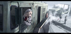  3girls blonde_hair coat commentary english_commentary fire_extinguisher flatbed_truck grey_sky haguruma_c highres knit_hat long_hair maz-537 military military_truck military_vehicle motor_vehicle multiple_girls original red_sweater semi_truck side-view_mirror sky snow sweater tank_truck traffic_cone trailer truck viveka_(haguruma_c) winter_clothes winter_coat 