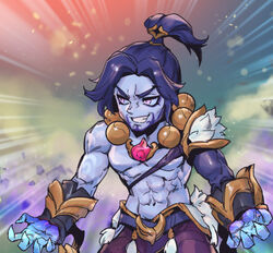  1boy abs armor ball bead_necklace beads belt black_hair colored_skin commentary cowboy_shot fur-trimmed_armor fur_trim grey_eyes grey_skin grin jewelry league_of_legends looking_to_the_side lunar_wraith_sylas male_focus multicolored_background navel necklace pants parted_bangs phantom_ix_row ponytail shiny_skin sideways_glance single_sleeve smile sylas_(league_of_legends) symbol-only_commentary teeth 