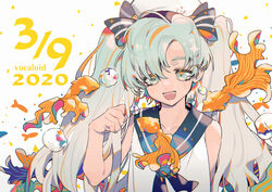  39 absurdres bare_arms black_neckerchief black_ribbon black_sailor_collar blue_eyes blue_hair bottle_miku chinese_commentary collarbone commentary confetti dated female fish goldfish hair_ribbon hand_up hatsune_miku highres long_hair looking_at_viewer neckerchief open_mouth ribbon sailor_collar school_uniform serafuku shirt simple_background sleeveless sleeveless_shirt smile solo taowu_(20809) twintails upper_body vocaloid white_background white_shirt 