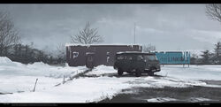  commentary english_text grey_sky haguruma_c highres motor_vehicle no_humans original outdoors scenery shed side-view_mirror sky snow trailer tree uaz-452 van windshield wipers 