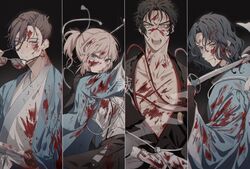  3boys anger_vein bad_id bad_twitter_id belt black_background black_hair black_kimono blonde_hair blood blood_in_hair blood_on_clothes blood_on_eyewear blood_on_face blood_on_weapon blue_hair brown_hair column_lineup commentary curtained_hair dark_blue_hair expressionless fate/grand_order fate_(series) female glasses grey_eyes haori hijikata_toshizou_(fate) holding holding_removed_eyewear holding_sword holding_weapon japanese_clothes katana kimono koha-ace looking_at_viewer multiple_boys okita_souji_(fate) okita_souji_(koha-ace) open_mouth over_shoulder ponytail removing_eyewear saitou_hajime_(fate) saitou_hajime_(third_ascension)_(fate) shinsengumi short_hair short_ponytail sword teeth unworn_eyewear wavy_hair weapon weapon_over_shoulder white_belt white_kimono yamanami_keisuke_(fate) yurumawari 