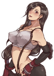  arched_back asymmetrical_bangs bare_shoulders black_gloves black_hair black_skirt breasts collarbone covered_nipples cowboy_shot crop_top earrings elbow_gloves elbow_pads female final_fantasy final_fantasy_vii fingerless_gloves gloves hand_on_own_hip jewelry large_breasts long_hair looking_at_viewer low-tied_long_hair midriff miniskirt open_mouth red_eyes red_gloves shirt skirt sleeveless sleeveless_shirt smile solo suspenders tifa_lockhart white_background white_shirt yasunososaku 