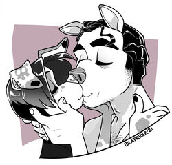  anthro black_and_white body_hair cadaverrdog canid canine canis caressing caressing_face chest_hair dalmatian domestic_dog duo ear_piercing ear_ring facial_hair facial_piercing hi_res hooch_(cadaverrdog) kissing luca_(cadaverrdog) male male/male mammal markings mastiff molosser monochrome nose_piercing nose_ring piercing pit_bull ring_piercing romantic romantic_couple rottweiler sideburns simple_background skull_(marking) stubble 