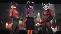  16:9 2022 3d_(artwork) 4k absurd_res alice_(gold97fox) alternate_species anthro axe black_body black_fur black_hair black_nose blue_eyes blurred_background canid canine cheek_tuft clothed clothing digital_media_(artwork) eyewear facial_tuft female flare_gun folder fox fur furrification glasses gloves gold97fox green_eyes group gun hair handwear headgear headset_microphone headwear hi_res mammal marker melee_weapon miss_pauling_(team_fortress_2) orange_body orange_fur purple_clothing pyro_(team_fortress_2) ranged_weapon red_clothing red_fox rule_63 scout_(team_fortress_2) source_filmmaker_(artwork) team_fortress_2 true_fox tuft valve weapon white_body white_fur widescreen writing_utensil yellow_eyes 