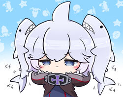  :| animal animal_background animal_hood animal_on_head asimo953 azur_lane black_one-piece_swimsuit blue_background blush brown_cloak chibi cloak closed_mouth commentary_request cross female gradient_background grey_eyes grey_hair hair_flaps hood hooded_cloak iron_cross looking_at_viewer on_head one-piece_swimsuit shark shark_hood sharp_teeth short_hair sidelocks solo_focus swimsuit teeth twintails_day u-110_(azur_lane) upper_body you&#039;re_doing_it_wrong 