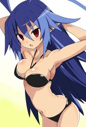  absurdres ahoge blue_hair blush breasts cowboy_shot demon_girl disgaea disgaea_d2 female hair_between_eyes highres iwashi_dorobou_-r- laharl laharl-chan large_breasts long_hair looking_at_viewer navel open_mouth pointy_ears red_eyes slit_pupils solo very_long_hair 