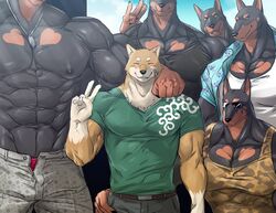  2020 abs anthro arm_around_shoulders bandage big_muscles bottomwear canid canine canis cigarette clothed clothing dobermann dog_tags domestic_dog eyewear gesture group group_portrait hand_gesture huge_muscles male mammal mojimojirou muscular nipples open_bottomwear open_clothing open_pants pants pecs pinscher senpuuki-chan shiba_inu shirt size_difference smile smoking spitz sunglasses t-shirt tank_top topwear v_sign 