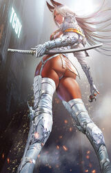  armor ass azazel bikini_armor boots bow bow_panties breasts clothes dark-skinned_female dark_skin elbow_gloves eyepatch female from_behind gloves highres holding holding_sword holding_weapon japanese_armor katana long_hair looking_at_viewer no_pants original panties pauldrons realistic shoulder_armor solo sword thigh_boots thighhighs thighs thong underwear warrior weapon white_gloves white_hair white_panties white_thighhighs 