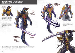  1boy alien arm_blade aura black_hair blue_eyes claws commentary_request creature glowing glowing_eyes holding holding_sword holding_weapon horns jugglus_juggler kaijuu katana kuroda_asaki long_hair shoulder_blades single_horn sword tokusatsu translation_request ultra_series ultraman_orb_(series) ultraman_z_(series) weapon 