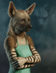  2022 anthro black_nose breasts brown_body brown_eyes brown_fur brown_hyena clothed clothing digital_media_(artwork) digital_painting_(artwork) dress female fully_clothed fur hair half-length_portrait hyena irbeus mammal portrait sad solo 