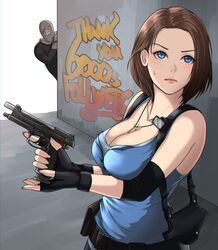  belt_pouch blue_eyes breasts brown_hair chibi cleavage commentary_request corner elbow_pads female fingerless_gloves forehead gloves gun handgun hiding highres holding holding_gun holding_weapon holster jewelry jill_valentine kurone_rinka large_breasts lips locked_slide magazine_(weapon) md5_mismatch milestone_celebration nemesis_(resident_evil) peeking_out pendant pouch redesign reloading resident_evil resident_evil_3:_nemesis resident_evil_3_(remake) shoulder_holster solo_focus sweatdrop thank_you trigger_discipline weapon 