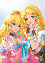  1-up_mushroom 2girls alternate_costume bag blonde_hair blue_eyes blue_nails boo_(mario) bow bowtie bracelet braid breasts brooch candy chain_chomp character_pin cleavage colorful commentary company_connection crossover crown crown_(symbol) crown_braid decora earrings fire_flower food fruit green_eyes gyaru hair_ornament hairclip handbag heart heart_hair_ornament highres jacket jewelry korok large_breasts lollipop long_hair mario_(series) midriff mini_crown multiple_girls mushroommirror nail_polish nintendo off_shoulder open_mouth peach pearl_earrings pink_jacket pink_nails pointy_ears princess_peach princess_zelda sailor_collar school_uniform smile sphere_earrings star_(symbol) star_hair_ornament super_mushroom super_star_(mario) the_legend_of_zelda the_legend_of_zelda:_breath_of_the_wild triforce unworn_jacket upper_body 