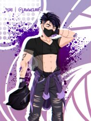  1boy abs asian asian_male biker black_hair ear_piercing fully_clothed happy_trail helmet jacket_around_waist lawwclair male male_only mask masked masked_male midriff non-nude purple ripped_clothing solo tattoos wristwatch 