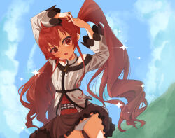  absurdres arm_up bare_shoulders blush breasts clothes_lift cowboy_shot day eris_greyrat female highres long_hair long_sleeves mushoku_tensei open_mouth outdoors panties pantyshot red_eyes red_hair rezebeee shirt skirt skirt_lift small_breasts thick_eyebrows twintails tying_hair underwear white_panties wind wind_lift 