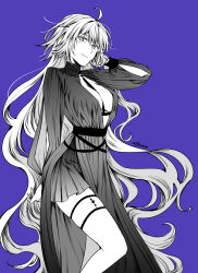  ahoge arm_behind_back artist_name asymmetrical_dress blush center_opening closed_mouth dress fate/grand_order fate_(series) feet_out_of_frame female greyscale_with_colored_background hand_in_own_hair hand_on_own_head jeanne_d&#039;arc_alter_(fate) jeanne_d&#039;arc_alter_(flames_of_applause)_(fate) knee_up layered_dress long_dress long_hair long_sleeves looking_at_viewer puffy_sleeves purple_background signature simple_background skindentation smile solo standing thigh_strap turtleneck turtleneck_dress very_long_hair yuuzuki230 