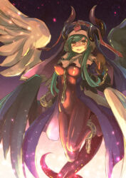  angel_wings black_dress black_wings blue_hat bodysuit brown_eyes chains coif commentary_request cuffs demon_girl dress female fire green_hair habit hat highres kanran long_hair looking_at_viewer multiple_girls night open_clothes open_dress original red_bodysuit shackles solo tail white_wings wings 