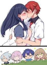  3boys 3girls ? anti_(ssss.gridman) asanaka_yomogi black_hair blue_eyes blue_hair blush breasts brown_hair chibi cleavage closed_eyes closed_mouth couple epaulettes formal freedom_xdrive green_eyes grey_hair gridman_universe gridman_universe_(film) hair_ornament hairclip hibiki_yuuta highres hug kissing large_breasts long_hair minami_yume multiple_boys multiple_girls necktie open_mouth purple_hair red_hair school_uniform shinjou_akane shinjou_akane_(new_order) shirt short_hair smile straight suit sweatdrop takarada_rikka white_shirt wing_collar 