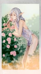  backless_outfit bare_arms border cropped_legs dungeon_meshi elf flower flower_bush from_side grey_border grey_eyes grey_hair grey_tunic half-closed_eyes halterneck highres holding holding_flower kabe_piko looking_down male_focus medium_hair mithrun mithrun_(young) outdoors pink_flower pink_rose pointy_ears rose shiny_skin sleeveless smelling_flower smile solo standing tunic wavy_hair 