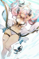  animal_print armpits arms_up babyg_wong bikini bikini_ribbon blue_eyes braid braided_bun breasts bubble butterfly_earrings butterfly_print double_bun draph earrings female floating_hair frilled_bikini frills granblue_fantasy granblue_fantasy_versus hair_bun hair_ornament hair_over_one_eye highres horns jewelry large_breasts lock long_hair narmaya_(granblue_fantasy) narmaya_(summer)_(granblue_fantasy) official_alternate_costume open_mouth pink_hair pointy_ears ribbon sarong showgirl_skirt side-tie_bikini_bottom simple_background smile solo swimsuit thigh_strap water white_bikini 