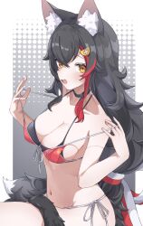  absurdres angeldu animal_ear_fluff animal_ears bikini black_bikini black_collar black_hair breasts cleavage collar double_bikini female hair_ornament hairpin highres hololive large_breasts looking_at_viewer multicolored_hair navel ookami_mio open_mouth orange_eyes red_bikini red_hair smile streaked_hair swimsuit tail tail_around_own_leg virtual_youtuber wolf_ears wolf_girl wolf_tail 