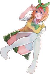  blue_eyes blush bow bowtie collared_shirt female full_body go-toubun_no_hanayome green_bow green_bowtie green_ribbons green_skirt hair_ribbon hand_up highres invisible_chair knees_together_feet_apart looking_to_the_side miniskirt miokaequal nail_polish nakano_yotsuba open_mouth orange_hair orange_nails pleated_skirt ribbon school_uniform shirt short_hair simple_background sitting skirt solo summer_uniform sweater_vest thighhighs thighs white_background white_shirt white_thighhighs yellow_sweater_vest 