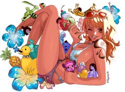  2girls 6+boys :p ;p artist_name bikini bikini_under_shorts blue_bikini blue_flower brook_(one_piece) brown_eyes comic_panel_redraw commentary crossed_legs derivative_work earrings elbow_rest english_commentary eyewear_on_head floral_print floral_print_bikini flower food franky_(one_piece) fruit fugoluv3r full_body halterneck heart heart-shaped_eyes hibiscus holding holding_sword holding_weapon ice_cream ice_cream_cone jewelry jinbe_(one_piece) knees_up long_hair long_tongue looking_at_viewer lying micro_shorts mini_person miniboy minigirl monkey_d._luffy multiple_boys multiple_girls nail_polish nami_(one_piece) nico_robin on_back one_eye_closed one_piece open_mouth orange_hair pearl_earrings pineapple pink_flower pink_nails red-tinted_eyewear red_shorts roronoa_zoro rubber_duck sanji_(one_piece) short_hair shorts shoulder_tattoo side-tie_bikini_bottom simple_background straw_hat_pirates sunglasses swimsuit sword tattoo tinted_eyewear tongue tongue_out tony_tony_chopper twitter_username usopp very_long_tongue watermelon wavy_hair weapon white-framed_eyewear white_background 