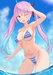  absurdres ahoge armpits bare_arms bare_shoulders bikini blue_bikini blue_hair blue_nails blue_sky blush breasts cleavage cloud cloudy_sky collarbone commentary_request day female fingernails hair_ribbon highres hololive large_breasts light_blue_hair long_hair minato_aqua multicolored_hair nail_polish navel one_eye_closed open_mouth outdoors pink_eyes pink_hair purple_ribbon ribbon seriponpoyon sky smile solo stomach streaked_hair striped_bikini striped_clothes sunlight swimsuit thighs twintails two-tone_hair virtual_youtuber wading water 