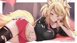  animal_ear_fluff animal_ears arm_tattoo black_nails black_shirt black_thighhighs breasts character_name closed_mouth commission female fox_ears fox_girl fox_tail foxefaye_(vtuber) hand_on_own_cheek hand_on_own_face hand_tattoo highres indie_virtual_youtuber k_(art71) long_hair lying midriff multicolored_hair on_side paw_print_tattoo pink_hair pink_shorts purple_eyes shirt shorts skeb_commission smile solo stomach_tattoo streaked_hair tail tattoo thank_you thighhighs torn_clothes torn_shirt torn_thighhighs virtual_youtuber 