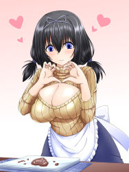  apron black_hair blue_eyes blue_skirt breasts candy chocolate cleavage closed_mouth cutting_board female fingernails food hair_between_eyes hair_ribbon heart heart-shaped_chocolate heart_hands highres idolmaster idolmaster_cinderella_girls large_breasts meme_attire nervous nozarashi_satoru open-chest_sweater ribbed_sweater ribbon sagisawa_fumika short_twintails skirt solo sweatdrop sweater twintails valentine waist_apron wavy_mouth white_ribbon 