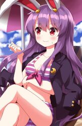  animal_ears bikini breasts female highres long_hair open_clothes purple_bikini purple_hair rabbit_ears rabbit_girl red_eyes reisen_udongein_inaba ruu_(tksymkw) solo swimsuit touhou 