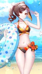  absurdres alternate_costume arm_up bare_shoulders beach bikini blue_innertube blue_sky breasts brown_bikini brown_hair brown_panties chiori_(genshin_impact) cleavage cloud day drill_hair feet_out_of_frame female fingernails genshin_impact heart heart-shaped_eyewear highres holding holding_removed_eyewear holding_swim_ring light_blush long_fingernails looking_at_viewer medium_breasts multicolored_bikini multicolored_clothes multicolored_hair multicolored_panties nail_polish orange_eyes orange_nails outdoors panties pink-tinted_eyewear red_bikini red_panties sky smile solo swim_ring swimsuit tateko25wiz tinted_eyewear two-tone_hair underwear unworn_eyewear water water_drop yellow_bikini yellow_panties 