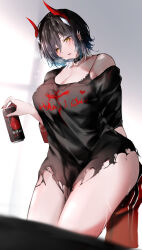  absurdres alternate_breast_size alternate_costume azur_lane beer_can black_bra black_choker black_hair black_shirt bra bra_peek breasts can choker cleavage drink_can female highres holding holding_can horns large_breasts looking_at_viewer mechanical_horns multicolored_hair raru_(nanaharararu) red_horns shirt short_hair short_sleeves single_bare_shoulder solo spiked_choker spikes streaked_hair torn_clothes torn_shirt two-tone_hair ulrich_von_hutten_(azur_lane) underwear white_hair yellow_eyes 