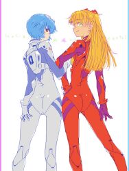  2girls ass ayanami_rei blue_hair bodysuit dated from_behind green_eyes hand_on_own_hip interface_headset locked_arms long_hair looking_at_viewer looking_to_the_side multiple_girls neon_genesis_evangelion oekaki pilot_suit plugsuit red_bodysuit red_eyes red_hair short_hair simple_background souryuu_asuka_langley standing sukocchi_moruto white_background white_bodysuit 