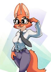  2024 adjusting_glasses anthro belt bottomwear canid canine clothing diane_foxington digital_media_(artwork) dreamworks dress_shirt eyebrow_piercing eyewear facial_piercing female fox glasses hi_res mammal necktie pants piercing shirt simple_background smile solo tail the_bad_guys topwear viofsa 