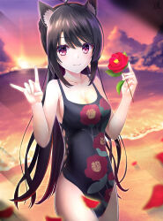  :3 absurdres ahoge animal_ear_fluff animal_ears bare_arms beach black_hair black_one-piece_swimsuit blurry blush breasts bright_pupils cleavage closed_mouth collarbone commentary_request cowboy_shot depth_of_field eyelashes falling_petals female floral_print floral_print_one-piece_swimsuit flower fox_shadow_puppet hands_up happy highres holding holding_flower hoshikawa_kaguya large_breasts long_hair looking_at_viewer ocean one-piece_swimsuit outdoors petals ponytail print_swimsuit red_eyes red_flower signature smile solo straight_hair sunlight sunset swept_bangs swimsuit tenshi_souzou_re-boot! tsurime very_long_hair w_arms wolf_ears xiexianglg 