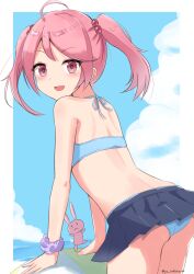  absurdres ahoge ass bikini blue_bikini blue_skirt blue_sky cloud cowboy_shot female from_behind highres kantai_collection leaning_forward pink_eyes pink_hair purple_scrunchie rabbit sazanami_(kancolle) sazanami_(swimsuit_mode)_(kancolle) scrunchie skirt sky smile sukimizaki swimsuit twintails wrist_scrunchie 