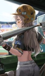  alternate_costume baseball_bat baseball_helmet baseball_stadium black_shirt blanc_(whit_blanc) bleachers blowing_bubbles breasts chewing_gum commentary cowboy_shot crop_top facepaint female from_behind gloves grey_hair hat helmet highres holding holding_baseball_bat honkai:_star_rail honkai_(series) large_breasts long_hair looking_ahead pants shirt solo standing stelle_(honkai:_star_rail) trailblazer_(honkai:_star_rail) white_gloves white_pants yellow_eyes yellow_hat yellow_helmet 