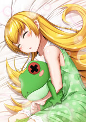  bakemonogatari blonde_hair blush_stickers closed_eyes commentary_request duplicate eyelashes female frog long_hair lying monogatari_(series) murata_isshin nightgown on_side oshino_shinobu sleeping solo stuffed_animal stuffed_frog stuffed_toy 