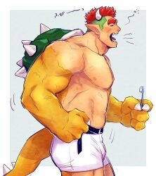  1boy bara belt black_belt blue_background blush border bowser claws closed_eyes collarbone colored_skin cowboy_shot dressing from_side furry furry_male highres holding holding_toothbrush horns male_focus male_underwear mario_(series) muscular muscular_male nipples open_mouth outside_border pectorals pointy_ears red_hair sharp_teeth short_hair solo spiked_shell spiked_tail tail teeth thick_eyebrows tongue toothbrush translation_request turtle_shell undercut underwear white_border white_male_underwear yawning yellow_skin yowasabimechaoc 