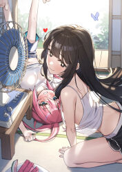  2girls absurdres all_fours black_shorts blue_eyes blue_shorts blush breasts bright_pupils brown_eyes brown_hair camisole crop_top electric_fan food fruit highres indoors large_breasts legs_up long_hair looking_at_viewer michinoku_komaro multiple_girls pink_hair piyo_(pixiv_2308057) seitokai_nimo_anawa_aru! short_shorts shorts shouji sliding_doors smile terui_arisu watermelon watermelon_slice white_camisole white_pupils wooden_floor 