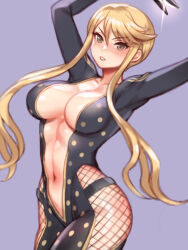  arms_up black_bodysuit blonde_hair blush bodysuit breasts cowboy_shot female fishnets folks_(nabokof) kasuga_(sengoku_basara) large_breasts navel ninja parted_lips plunging_neckline purple_background sengoku_basara short_hair_with_long_locks simple_background skin_tight solo yellow_eyes 